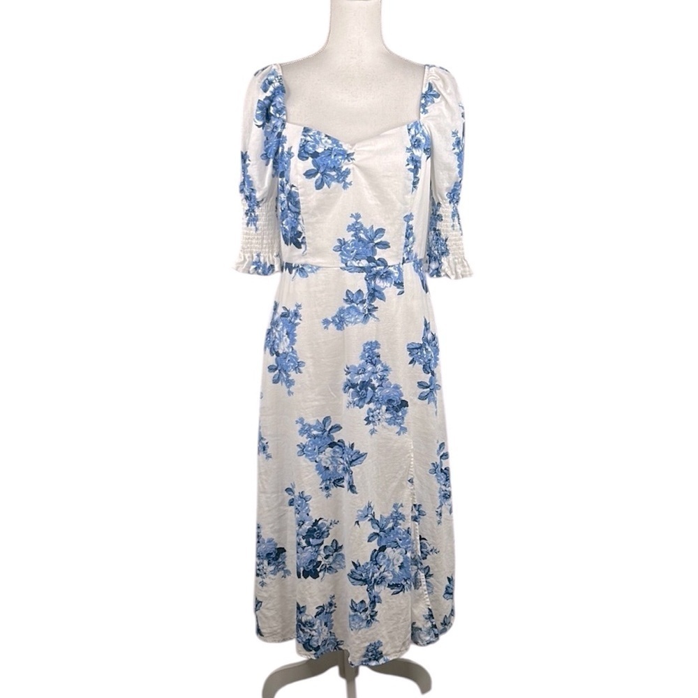 Mi Ami Blue & White Floral Cottagcore Coquet Summer Romantic‎ Maxi Dress Size L
